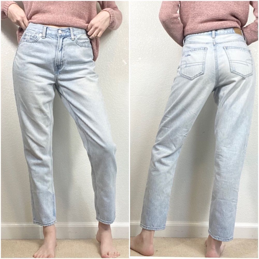American Eagle Light Wash Denim High Rise Distressed Mom Jeans